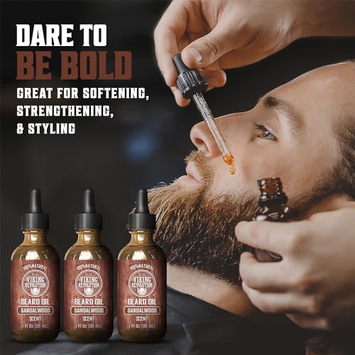 Image of Viking Revolution Sandalwood Beard Oil for Men - Natural Mens Beard Oil with Argan Oil and Jojoba Oil - Beard Softener, Strengthens and Moisturizes - Beard Conditioner for Men (Sandalwood, 3 Pack)