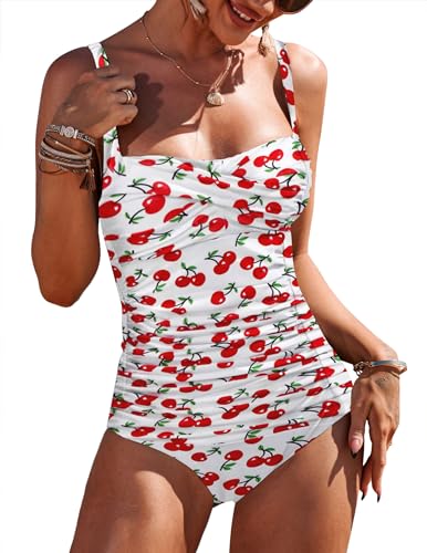 Ekouaer Womens 50s Retro Vintage Cherry Print One Piece Swimwear Monokinis White Cherry Large