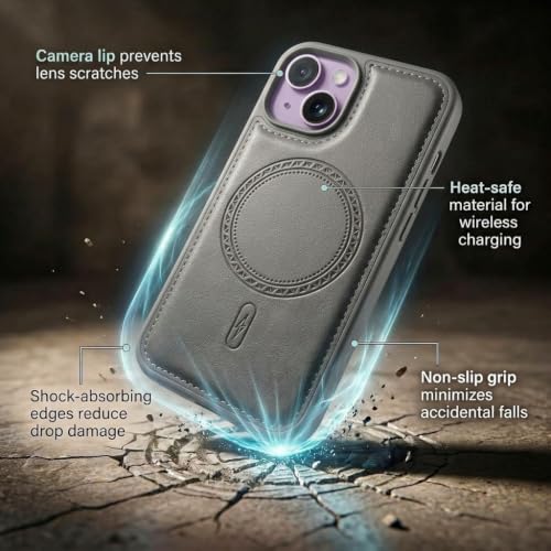 Image of amazon basics Premium PU Leather Case for iPhone 16, MagSafe Compatible Magnetic Ring, Sleek Protective Back Cover - [Gray]