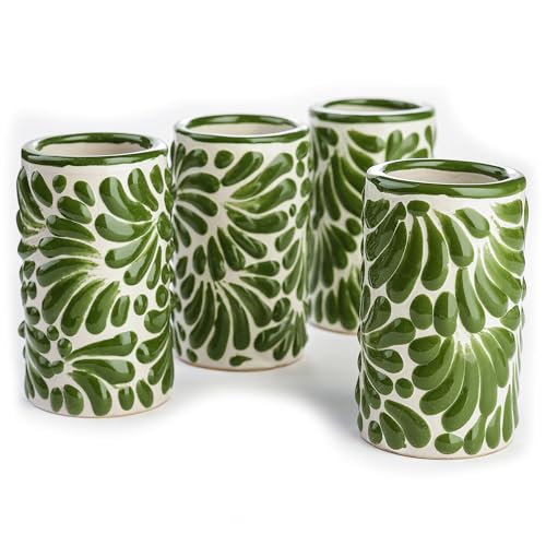Image of Talavera Shot Glasses Set of 4 Authentic Hand-Painted Mexican Tequila Shot Glasses Glass - 2 Oz (Green Brushstroke White Background)