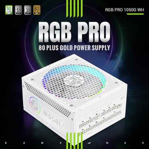 Image of GAMEMAX 1050W 80+ Gold Fully Modular White Power Supply, ATX 3.1 Version with LLC+DC-DC Circuit, Full-Range 110-240V, ARGB 140mm Fan with Sync, 105C Mainstream Japanese Capacitors (RGB PRO 1050G WH)
