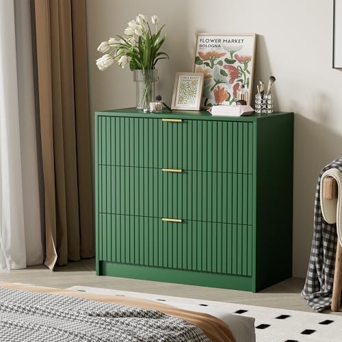 Image of Furniway Fluted Nightstands Set of 2, 31.5 inch Large Bedside Tables with 3 Drawers, Modern Wood Night Stands with Storage for Bedroom, Green