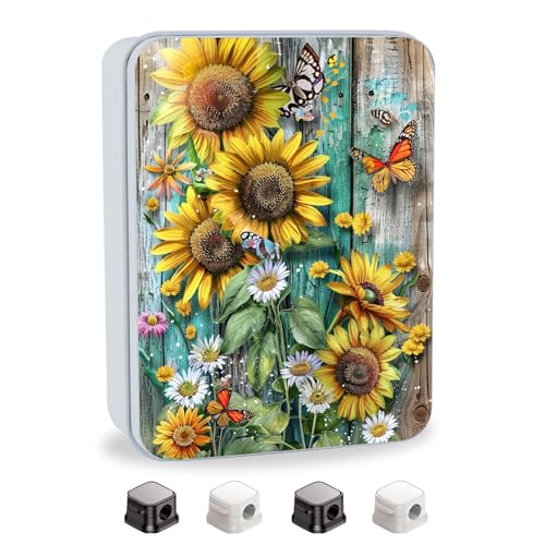 Image of Metal Tin Box with Lid for Game Cards Home Organizer Candles Keys Crafts Storage - Equipped with 4 Magnetic Cord Clips，Sunflowers Daisies and Butterflies
