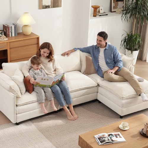 Image of Vesgantti 108 inch Modular Sectional Sofa, Comfy Cloud Couch with Movable Ottoman Deep Seat Chenille L Shaped Modular Sofa, Sectional Couches for Living Room, Bedroom and Apartment, Beige