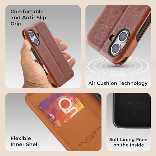 Image of PULOKA - Sleek Flip Case- Compatible for iPhone 16 Plus- Premium Vegan Leather Phone Cover with Card Slot - Slim, Durable, Privacy Protection - Kickstand Function - Elegant Flip Wallet Cases- (Brown)