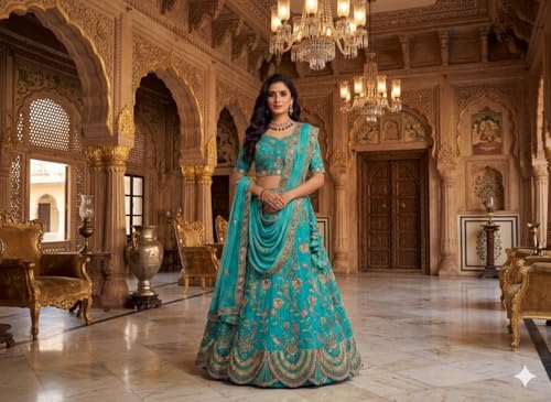 Image of Women's Firozi Georgette Embroidered Lehenga Choli with Dupatta, Heavy Floral Embroidery, Zari Work, Bridal Wear
