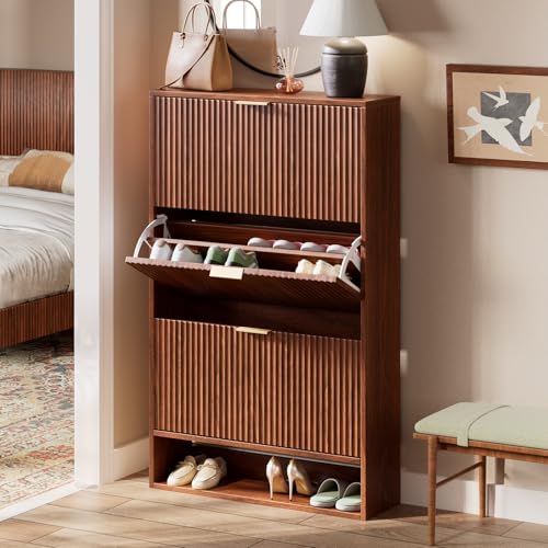 Image of Evermagin 31.5''W Walnut Shoe Cabinet Storage for Entryway, Fluted Slim Shoe Dresser with 3 Flip Drawers, Narrow Shoe Rack Cabinet, Hidden Shoe Organizer Cabinet for Entrance, Hallway