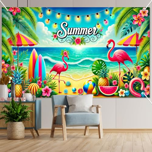Image of HOMETITUTE Summer Beach Banner 71x43 Inches Summer Backdrop Beach Party Decorations Hawaiian Tropical Banner with Flamingo, Fruit and Surfboard, Pool Party Decor for Outdoor Decorations Supplies