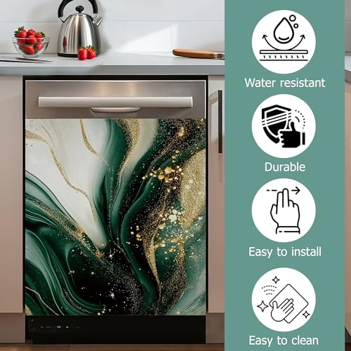 Image of Green Marble Dishwasher Magnets Decorative Cover,Gold Glitter Waterproof Magnetic Dishwasher Cover Panel,Refrigerator Magnet Cover for Kitchen Home Decor 23x26 Inch