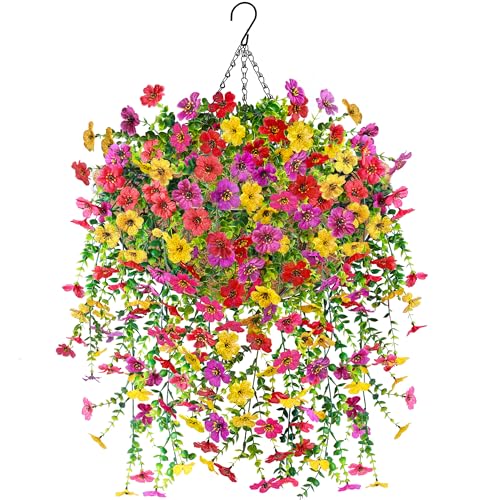Der Rose Artificial Hanging Flower Basket for Outdoors Fake Hanging Flowers Plants with 4 Faux Silk...
