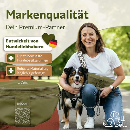 fell&bell Leckerlitasche für Hunde – wasserfester Leckerlibeutel mit 2 Snackfächern, 1,8 L Hauptfach, Handyfach & Kotbeutelspender | Futterbeutel Hundetraining & Hundetasche für Welpen Zubehör