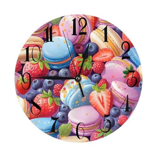 Helhappy Horloge murale silencieuse de 25,4 cm, sans tic-tac, fonctionne avec piles, fraises et macarons rouges en PVC pour la maison, le salon, le bureau, l'école, la...