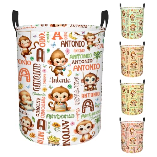 Image of Custom Monkey Laundry Hamper, Personalized Laundry Basket with Name, Customized Dirty Clothes Basket for Clothes Toy Bathroom Bedroom Storage,S-16.5 inchX 13.8 inch