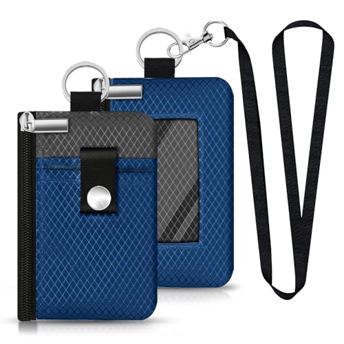 Image of Minimalist RFID Blocking Small Wallet with ID Window,WaterResistant Zip Id Case Wallet with Lanyard Keychain for Cards,Cash,Travel,Women,Men (Electric Blue /DarkGrey)