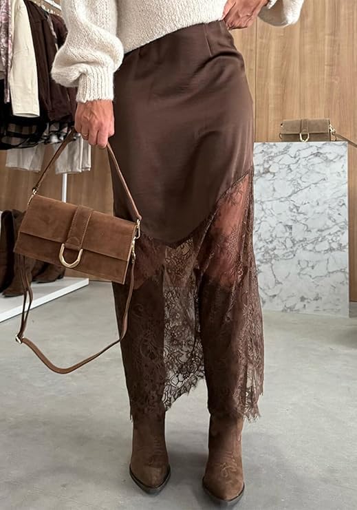 Satin Skirts for Women High Waist Lace Skirts Y2K Elegant Lace Patchwork Skirt Solid Silk Wrap Maxi Skirts 2026 - Image 2