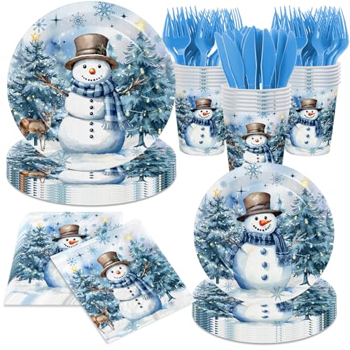pugipien 144pcs Christmas Paper Plates and Napkins, Winter Snowman Plates and Napkins Disposable Dinnerware Kit for Winter Christmas Party Decorations, Holiday Party Supplies for 24 Guests