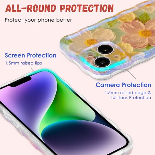 Coque iPhone 14 souple et mince, protection TPU durable motif fleurs vertes