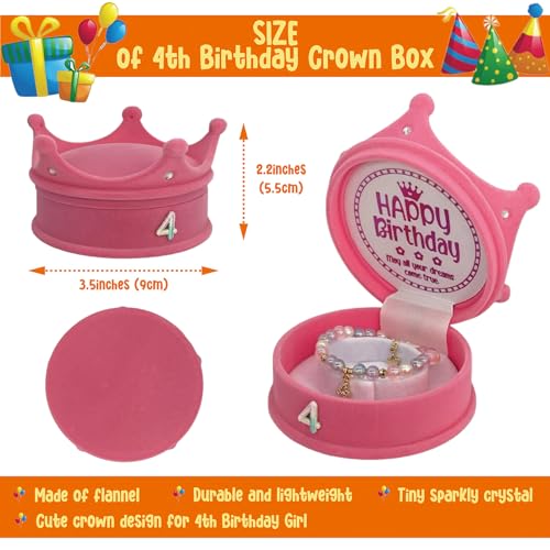 ZomefinKiu Toddler 4th Birthday Princess - Pink Charm Bracelet, Crown Shape Keepsake Jewelry Box, 4 Year Old Girl Birthday Outfit for 4th Bday Party3