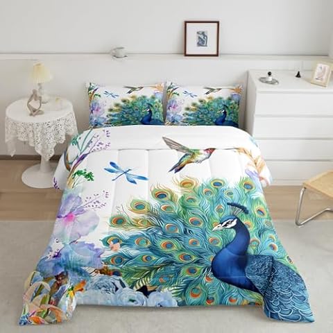 Peacock Hummingbird Dragonfly Comforter Set Cover