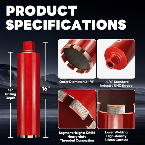 Image of Premium 4-1 /4 inch Wet Core Drill Bit for Hard Concrete with High-Density Diamond, Precision-Welded Segments, 1-1 /4 inch-7 UNC x 14 inch Depth, Industrial Grade for Concrete Rebar, Brick, Masonry, Pavers