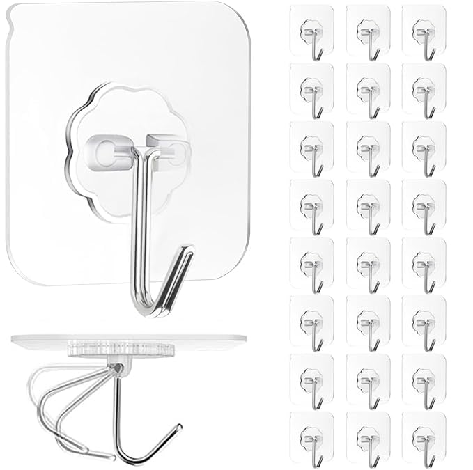 Adhesive Wall Hook, Set Heavy-Duty Thickened self-Adhesive Hook，24Pcs，33lb max Loading，Transparent, Waterproof, Bathroom, Outdoor, Kitchen, Doors, Practical Tools.