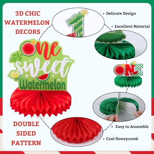 Image of 9pcs Watermelon First Birthday Honeycomb Centerpieces Sweet One Watermelon Party Table Decorations One in a Melon Tabletop Centerpieces for Baby Shower 1st Birthday Table Topper Sign Decorations