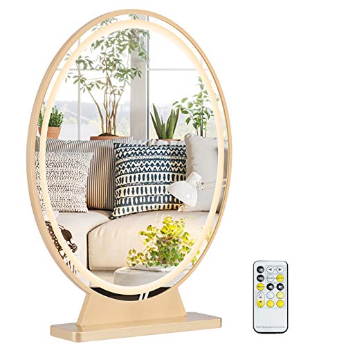 Tangkula Vanity Makeup Mirror with Lights, Round HD Lighted Mirror w Remote Control, 4 Colors Lighting Modes, Adjustable Brightness, Detachable Tabletop Cosmetic Mirror (Gold)