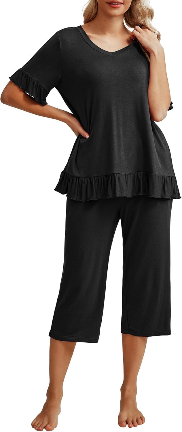 PrinStory Pigiama Donna Scollo a V Pigiama Manica Corta Top E Pantaloni Lunghi 3/4
