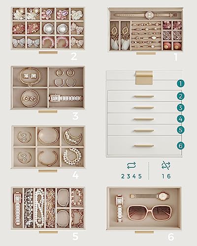 SONGMICS GISELLA Kollektion - Schmuckkästchen, Schmuckkasten mit 6 Ebenen, Schmuckbox mit Glasdeckel, 5 Schubladen, für Sonnenbrillen, Schmuckaufbewahrung, modern, wolkenweiß-golden JBC171W01