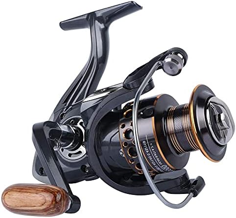 HPLIFE Spinning Reel, Saltwater Fishing Reels with Wooden Handle 13 BB Light Weight 43LB Max Drag, 4.7:1/5.2:1 Gear Ratio Summer/ICE Fishing Beginners Kids Friendly