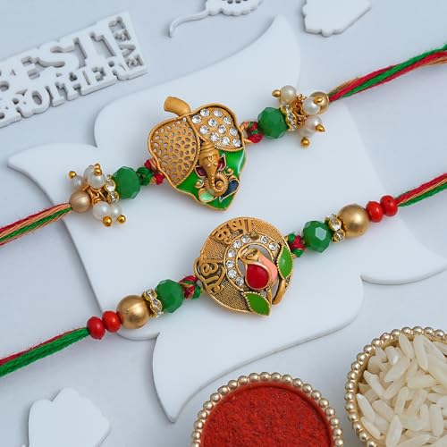 Image of eCraftIndia Radhe Krishna Rose Ganesha Rakhi Set of 2 | Rakhi for Brother Bhaiya Bhai with Best Bro Ever Fridge Magnet | Roli Chawal Pack