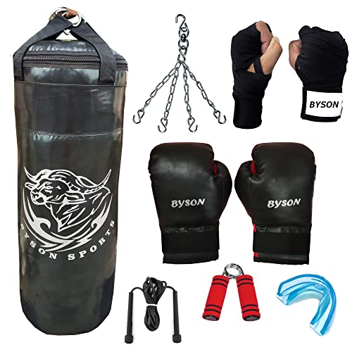 Image of Byson Super Strong Punching Boxing Kit Set for Boys and Children 3 Feet Punching Bag, 12 OZ Boxing Gloves, Hand Wrap, Chain, Skipping Rope, Hand Grip and Mouth Guard Heavy Bag