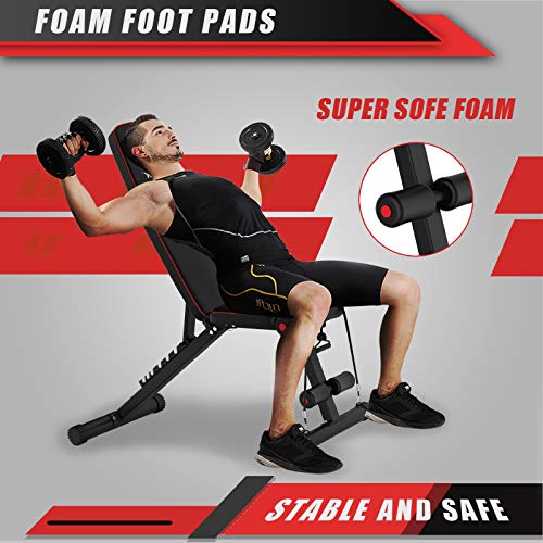 MCNBLK Adjustable Weight Bench 400lbs Capacity, Incline Decline Weight Lifting Workout Bench Home Gym, Multi-Position Utility Bench for Full Body Workout, Folding Dumbbells Bench with Elastic Ropes