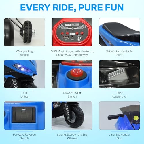 Image of Toyzone Speed Electric Bike (Blue) | 6V Rechargeable Bike with 4.5Ah Battery | LED Lights, Music, MP3 /USB /BT | Smooth Acceleration | 6M Battery Warranty | Age 2-8 Years, Upto 35 kg