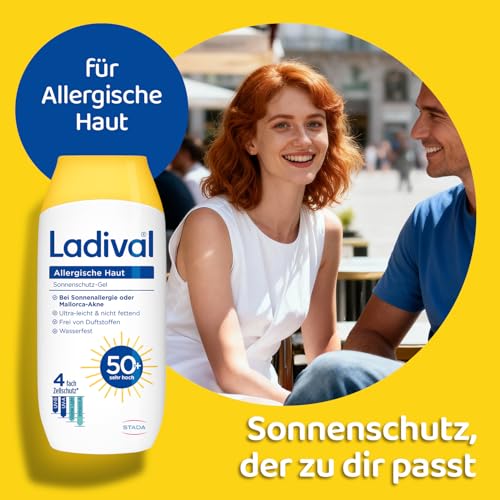 Ladival Sonnenschutz Gel LSF 50+ für allergische Haut - Sonnencreme bei Sonnenallergie und Mallorca-Akne, wasserfest, fettfrei, 4-fach Zellschutz, korallenfreundlich, leichte Gel-Formel, 200ml