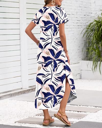 Image of MISFAY Women's Summer Maxi Dress 2026 Casual Short Sleeves V Neck Loose Sundress Split Long Beach T Shirt Dress