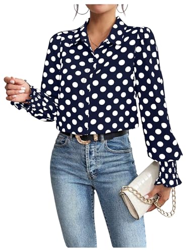 WDIRARA Women's Polka Dots Button Down Shirt Ruffle Bishop Long