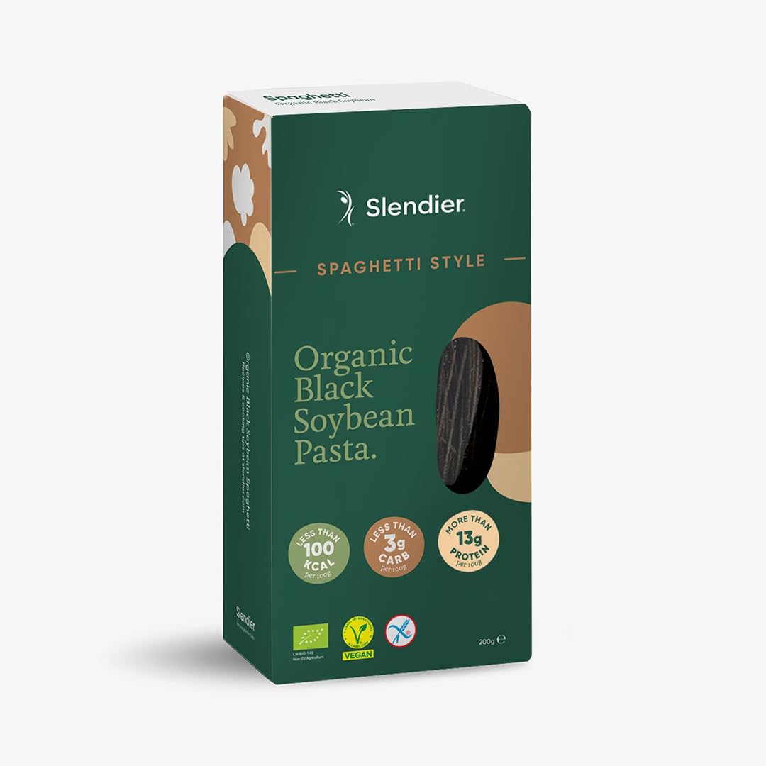 Slendier - Espaguetis de soja negra orgánicos | Pasta de soja negra | Vegana y sin gluten | Alta en proteínas y baja en carbohidratos | Sin aditivos | Proteína vegetal | Cetogénica