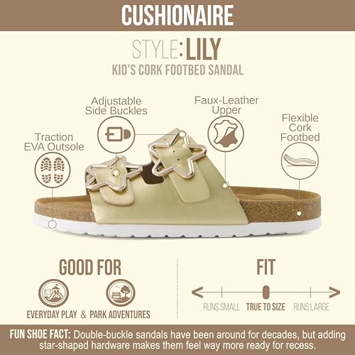 Image of CUSHIONAIRE Lily Girl Toddler Sandals with Adjustable Gold Tone Star Buckles and Cushioned Cork Footbed Slip On Girls Slides for Kids