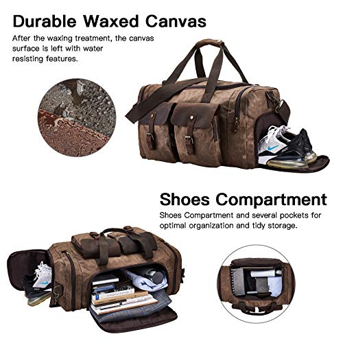 Waxed Canvas Vintage Overnight Duffel Weekend Travel Bag Waterproof For Men Women with Shoes Compartment (Dark Brown)4
