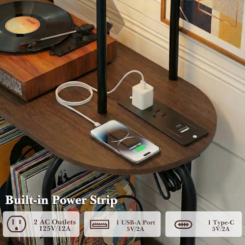Image of Faesun Record Player Stand with Storage, 5-Tier Turntable Stand with Charging Station, CD Storage with Adjustable Book Stoppers, for CDs, Vinyl Records, Books, Games, for Living Room, Bedroom, Walnut
