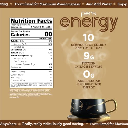 Image of Perk Energy Drink Mix (Dutch Hot Cocoa) 10 Stick Packs, Gluten-Free | Caffeinated Healthy Coffee Alternative with Protein, 100mg of Caffeine, Soy-Free, Peanut-Free