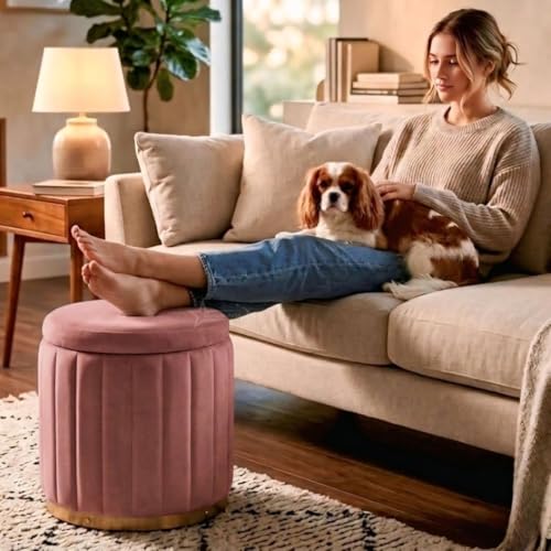 Image of Superior Round Storage Ottoman Stool 13 X 13X 16 inch, with Gold Metal Base | Elegant Pouffe with Secret Storage | Cushioned Footrest for Living Room, Bedroom, and Lounge Pink