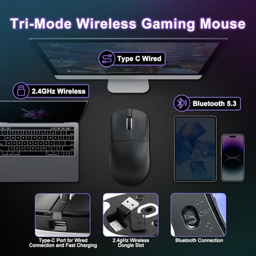 Image of R1 SE+ Gaming Mouse, 18000 DPI, High-Precision PAW3395SE Sensor,55g Lightweight,Three Connection Modes Wireless Mouse, Programmable Ergonomic Mouse Suitable for Laptops /PC /Mac (Black) | High-Precision PAW3395 SE Sensor,55G Lightweight,2.4G /BT5.0 /USB-C , Programmable Ergonomic Mouse Suitable for Laptops /PC /Mac