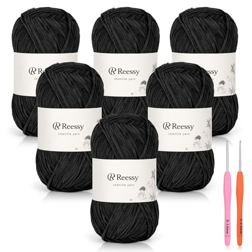 Image of Skinny Chenille Yarn for Crocheting - 6 Pack of 50g /158yd (948yd Total) - Soft Matte Thin Chenille CYC #2 - Fine Weight Baby Yarn for Plush Toys, Baby Blankets & Small Crafts(Black)
