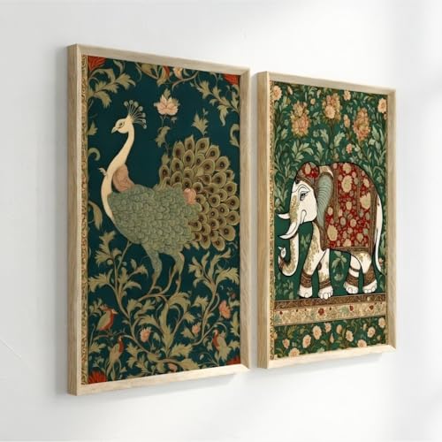 Image of Livin'luxe Set of 2 Peacock and Elephant Wall Art Premium MDF Wooden color Color Framed HD Sparkle Lamination Printed Traditional Indian Painting for Living Room Bedroom Home Decor