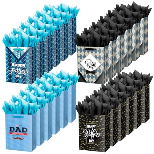 Ranfashiong 24 Pack Fathers Day Gift Bags Bulk with Tissue Paper and Handle Kraft Paper Tote Goodie Candy Package for Best Dad Grandpa Grandfather Men Party Supplies