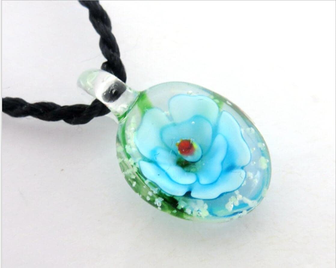 Handmade Murano Lampwork Glass Flower Oval Shape Luminous Pendant Fit for Necklace Gifts (Color : Blue Zinc Plated)
