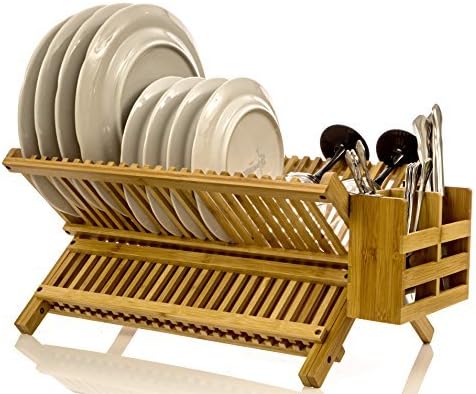 Bamboo Folding 2-Tier Collapsible Drainer Dish Drying Rack With Utensils Flatware Holder Set (Dish Rack)