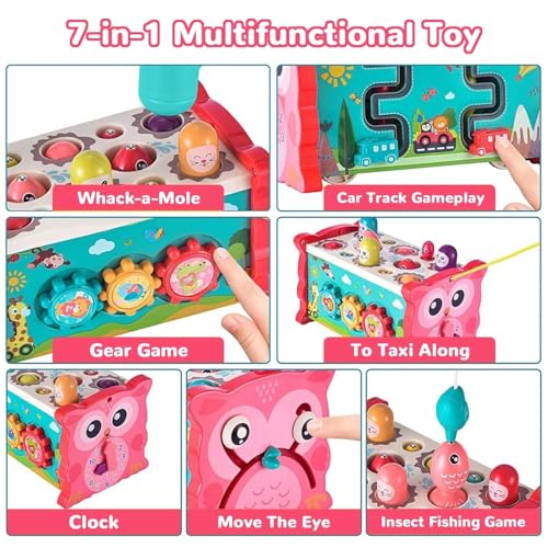 Image of BeFunky 8 in 1 Montessori Toys - Sensory Development for Toddler - Activity Educational Hammering Pounding - Whack a Mole Game - Birthday Gifts for 18+ Months Kids (Red)